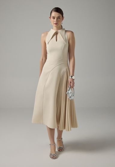 Pointed Collar Pleated Maxi Dress