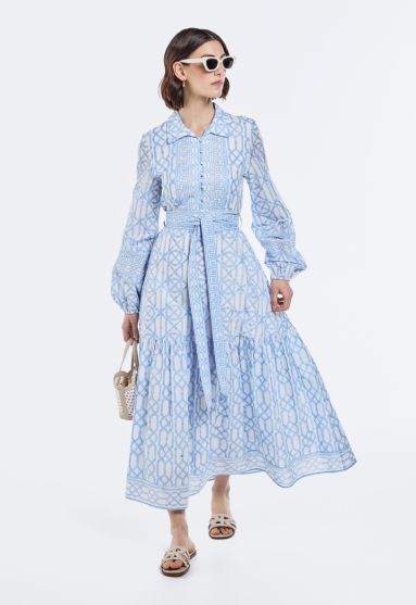 Printed Belted Flared Dress