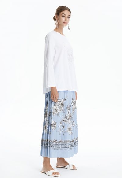 Light Blue Printed Pleated Skirt Sale