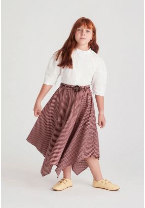 Asymmetrical-Hem Plaid Skirt