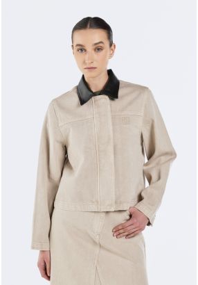 Denim Jacket With PU Leather Collar