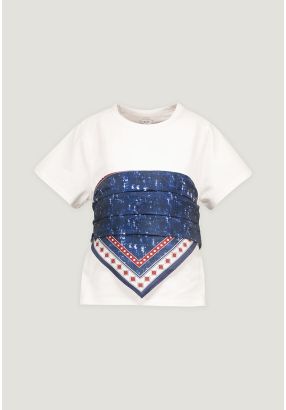 Solid T-Shirt with  Attached Scarf 