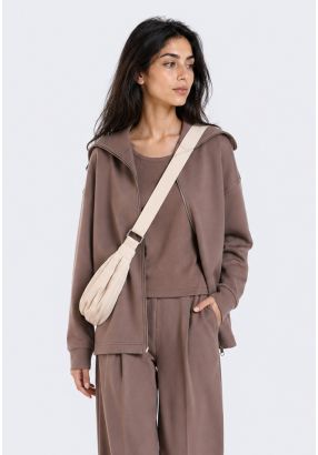 Zip-Up Belted Jersey Sweatshirt