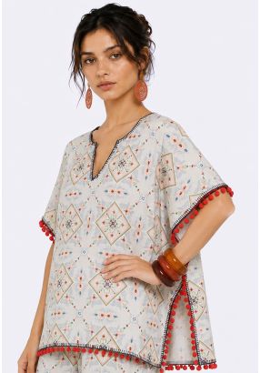 Embroidered Top with Pom-Pom Trim