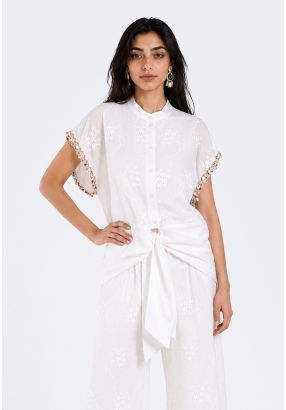 Embroidered Tie-Front Shirt