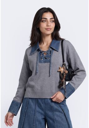Denim-Trim Knitted Sweater