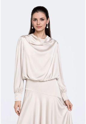 Elastic-Hem Satin Blouse