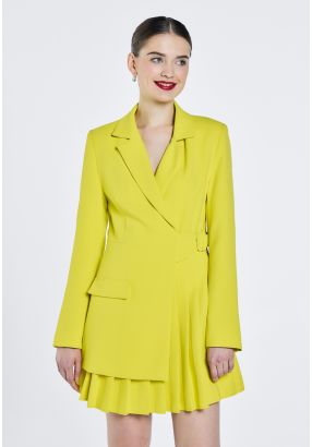 Pleated Notched Collar Solid Dress