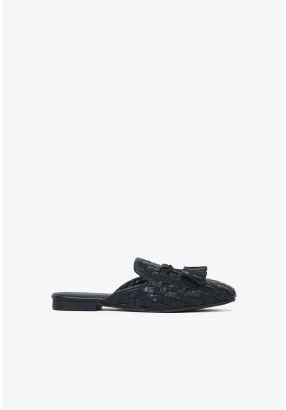 Solid PU Leather Woven Tassels Mules