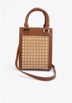 PU leather & Straw Top Handle Mini Bag