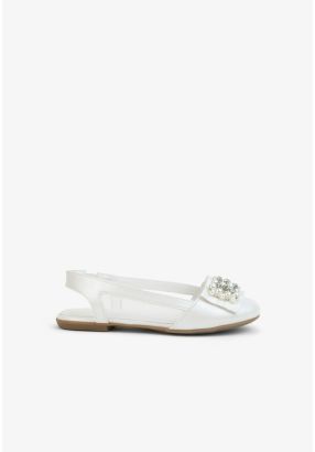 Faux Pearls Embellished Backless Flat Strap Shoes