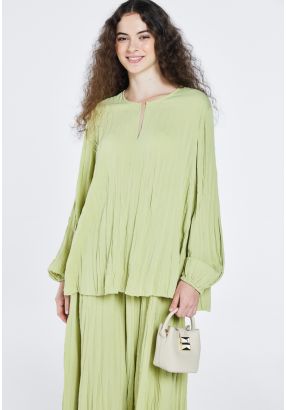 Crinkled Solid V-Neck Blouse