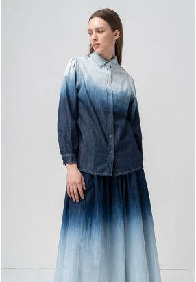 Pleated Ombre Long Sleeves Denim Shirt 