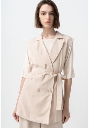 Solid Double Breasted Belted Gilet