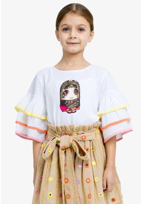 Schiffli Layered Sleeves Printed T-Shirt