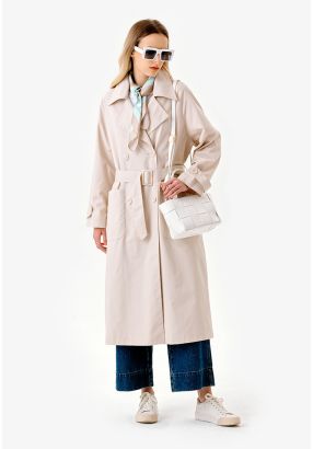 Back Printed Double Breasted Lapel Trench Coat