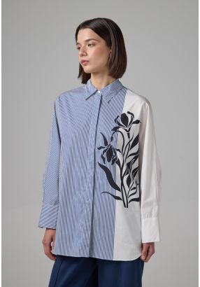 Long Sleeve Floral Print Striped Shirt