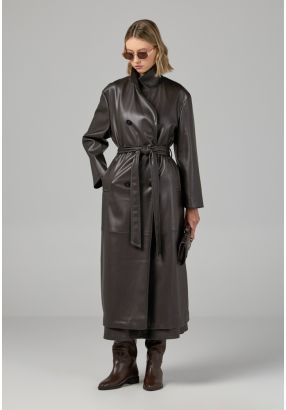 PU Leather Belted Trench Coat