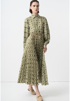 Long Puff Sleeves Pleated Dress