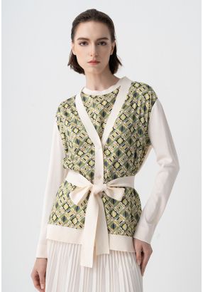 Long Sleeves Floral Printed Belted Cardigan