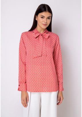 Monogram Print Tie Neck Blouse 