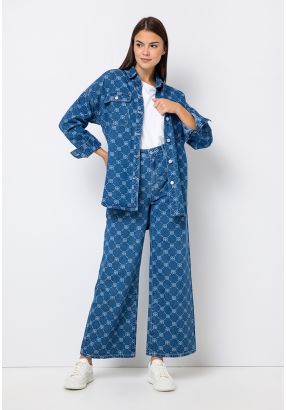 Monogram Print Wide Leg Denim Trouser