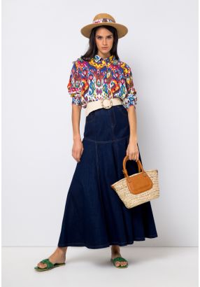 Flared Solid Maxi Denim Skirt