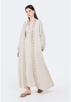 Embroidered Belted Linen Abaya