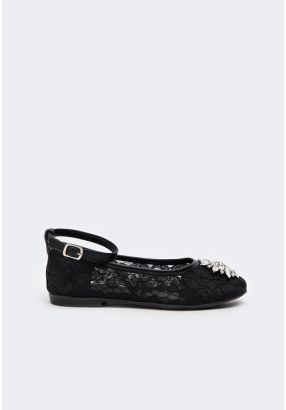 Crystal Embellished Lace Strap Shoes
