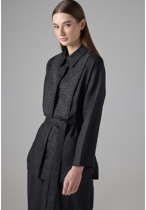Solid Crystal Embellished Linen Shirt