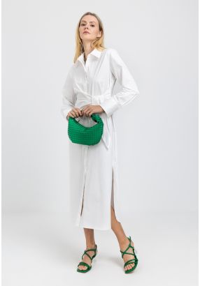 Waist Tie Side Slit Shirt Dress