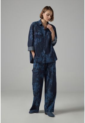Floral Patterned Wide Leg Denim Trousers