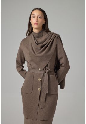 Solid Knitted Belted Cardigan With Scarf