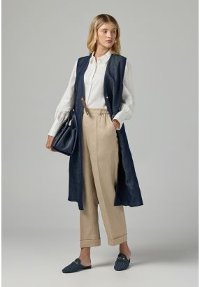 Solid Elastic Waist Linen Trousers