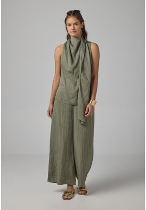 Crinkled Elastic Waist Wide Leg Trousers