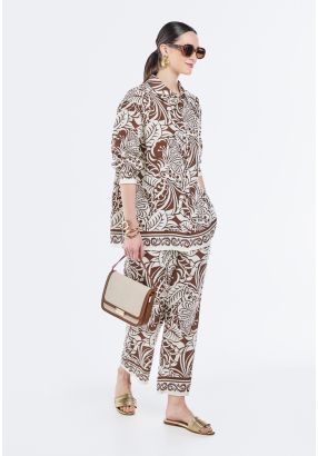 Leaf Print Elastic Waist Trousers