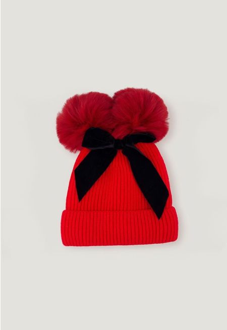 Bow Pom-Pom Beanie Hat
