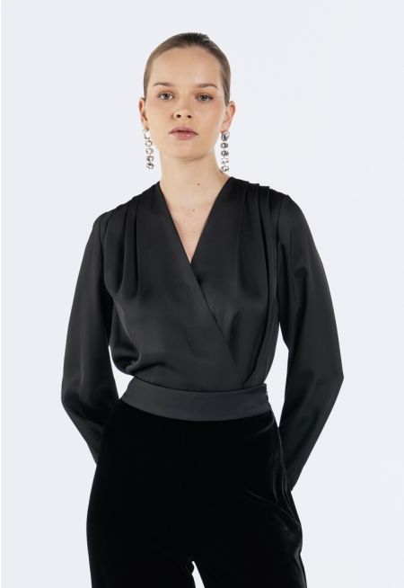 Long Sleeves Satin Bodysuit Top