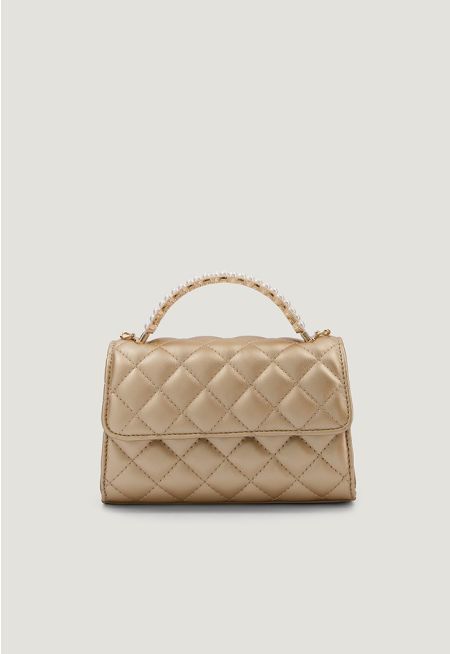 Faux Pearls Handle Quilted Handbag