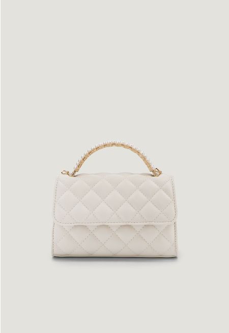 Faux Pearls Handle Quilted Handbag