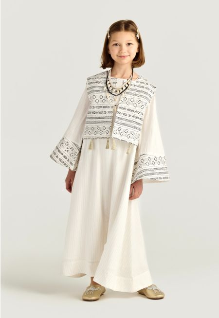 Printed Vest Tassel-Trim Jumpsuit Set (2PCS)