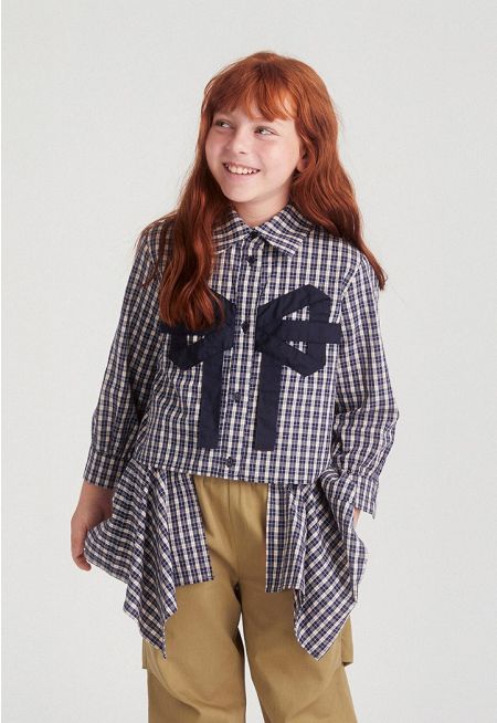 Bow-Detail Plaid Shirt