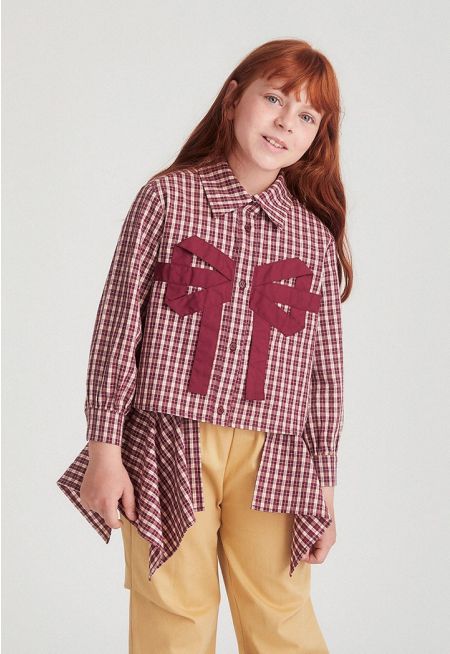 Bow-Detail Plaid Shirt