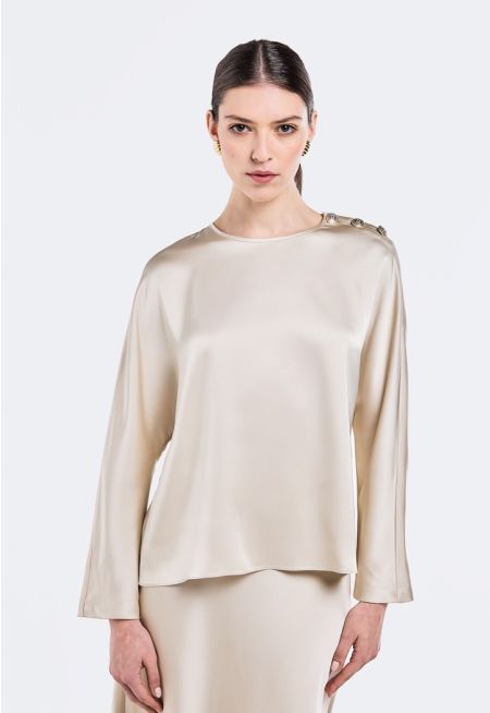 Button Shoulder Satin Blouse