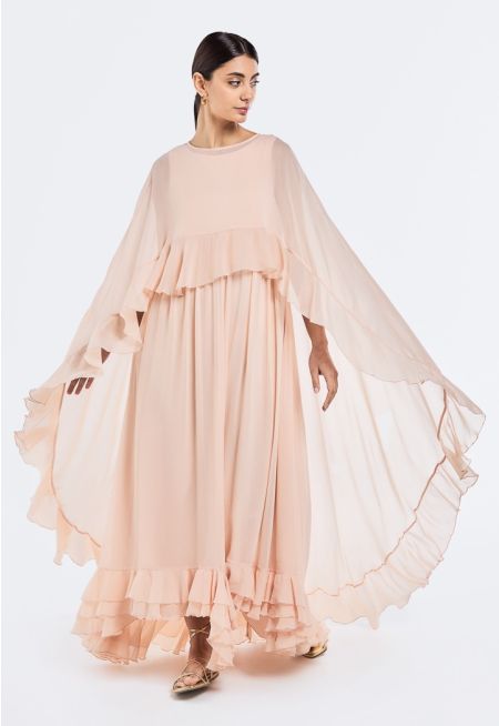 Ruffled Gown Dress With Detachable Cape (2 PCS)