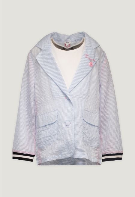  Textured Striped Jacket with Brooch