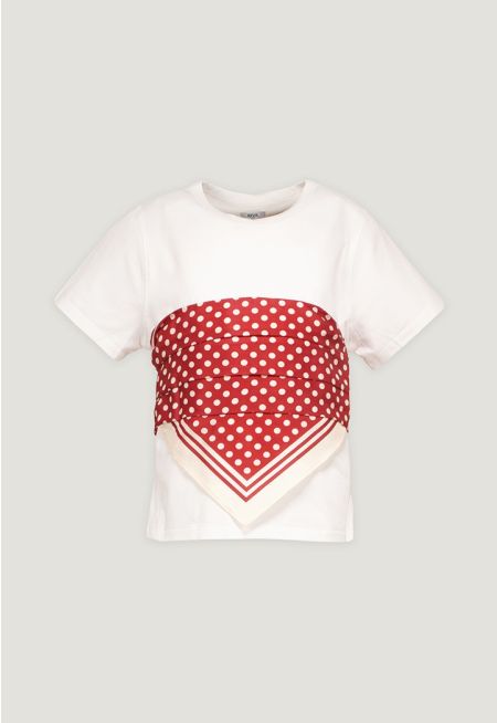 Solid T-Shirt with  Attached Scarf 