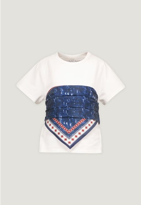 Solid T-Shirt with  Attached Scarf 