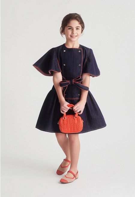 Flared Sleeves Belted Denim Dress