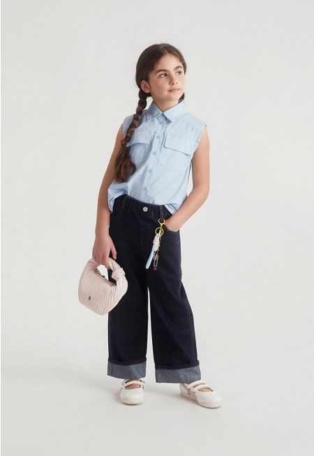 Cuffed Hem Wide Leg Jeans